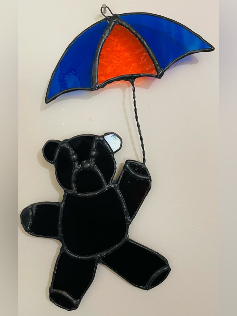 Handmade Stained Glass dark brown Teddy Bear Suncatcher Blue & Orange Umbrella 9